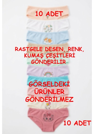 Nicoletta Kız Çocuk Külot 10 Lu Paket Pamuklu Likralı Rastgele Baskılar Ren Çok Renkli