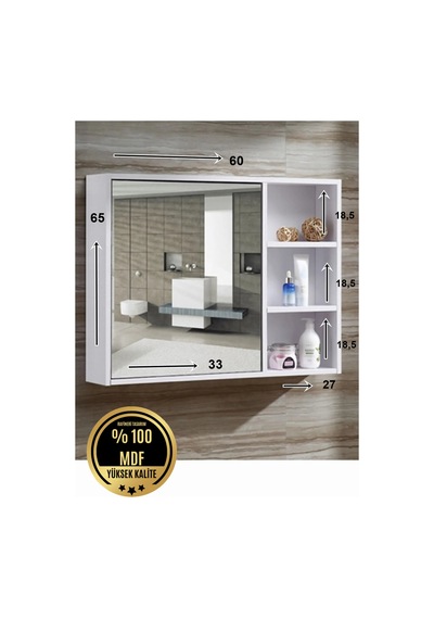 Mdf Banyo Dolabı Aynalı Üst Modülü Beyaz