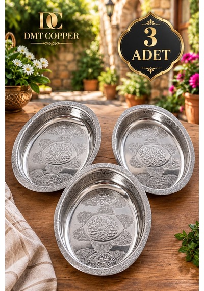 430 Kalite Krom Çelik 3 Adet İşlemeli Kayık Tabak 27 Cm El Yapımı Pilav Ve Salata Sunum Tabağı