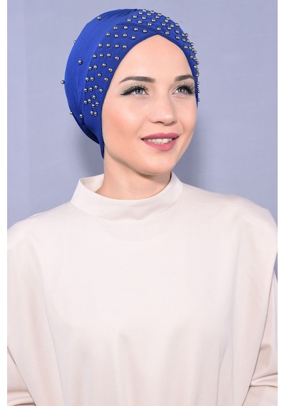Melodi Scarf Kadın Tesettür İncili Taşlı Havuz Dış Bone Saks Saks