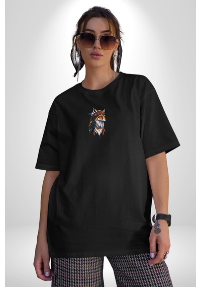 Kızılderili Tilki Siyah Oversize Unisex Ön Orta Minimal Baskılı Tişört Siyah