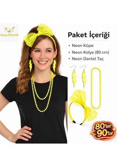 80 Ler 90 Lar Neon Sarı Parti Seti Kolye Küpe Taç 3+