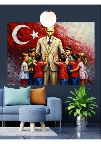 Atatürk Ve Çocuklar Dekoratif Kanvas - Mdf Ahşap Tablo
