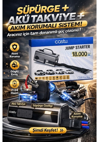Castu Jump Starter Süpürgeli Akü Takviye Cihazı 18.000mah 10 İn 1 Powerbank, Hava Kompresörü, Lcd Ekran,