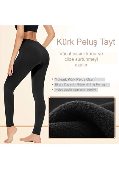 Lüx Wood Içi Peluşlu Kışlık Termal Sıcacık Tutan Kadın Peluş Tayt Siyah Siyah