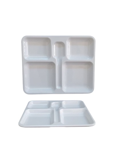 12 Adet %100 Kırılmaz Melamin 5 Bölmeli Tabldot Yemek Servis Tabağı - 34x28 Cm Beyaz Beyaz