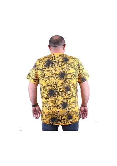Starbattal Büyük Beden Sıfır Yaka Tişört Palm Leaf 23148 Sarı-Sarı Çok Renkli