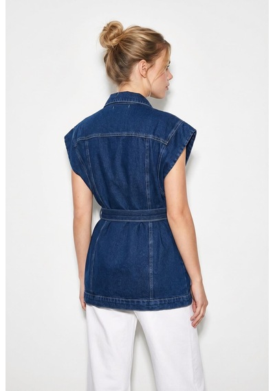 Shade Kadın Kuşak Bağlamalı Cepli Kruvaze Yaka Denim Yelek 3551 60286226 - Lacivert