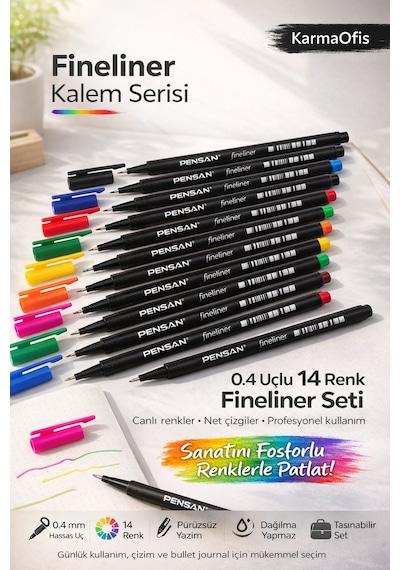 0.4 Uçlu 14 Renk Fineliner Kalem Seti Not, Çizim Ve Bullet Journal İçin İdeal