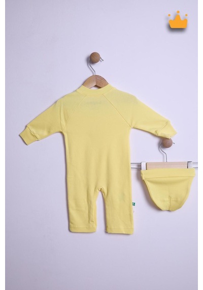 Babyhola Kız Erkek Bebek Tulum Bere Takım Pamuk Yaka Düğmeli İnterlok Reglan Kol 583 Sarı