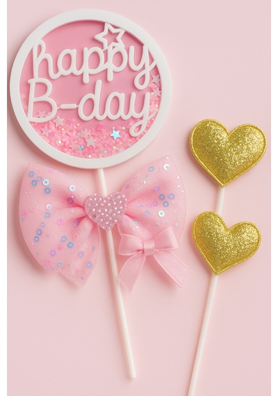 Pembe Fiyonklu Happy B-day Pasta Süsü 3 Lü Set Altın Kalpli Simli Doğum Günü Dekoru