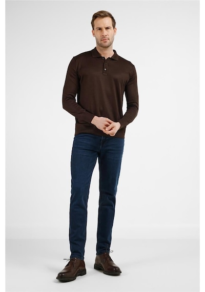 İmza Kahverengi Polo Yaka Cepsiz Comfort Fit Classic Pamuklu Triko Kazak 1012255155 Kahverengi