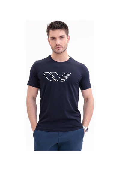 Rowinger 30/1 Süprem Kumaş Bisiklet Yaka Logo Baskılı Kısa Kollu Erkek Tişört Navyblue