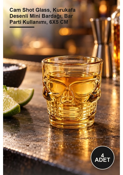 4 Adet Kurukafa Cam Shot Bardağı Cam Shot Glass, Kurukafa Desenli Mini Bardağı, Bar Parti Kullanımı, 6x5 Cm