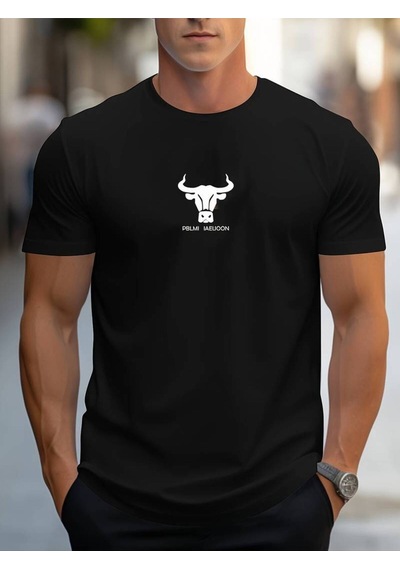 Noıssey Siyah Bull Head Baskılı Erkek Bisiklet Yaka Kısa Kollu Rahat Oversize