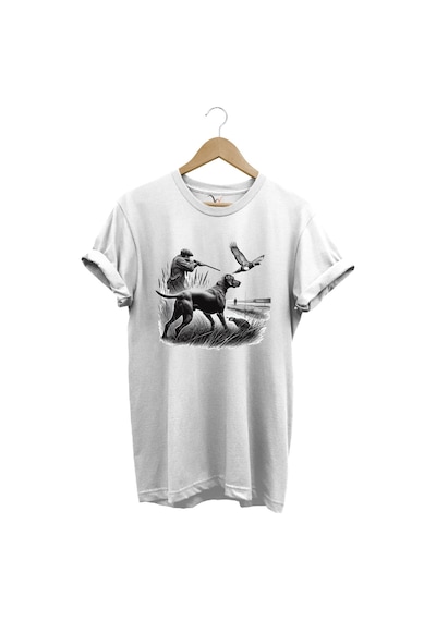 Avcılık Temalı Kuş Avı Ve Av Köpeği Baskılı %100 Pamuk Regular Fit Beyaz T-shirt Beyaz