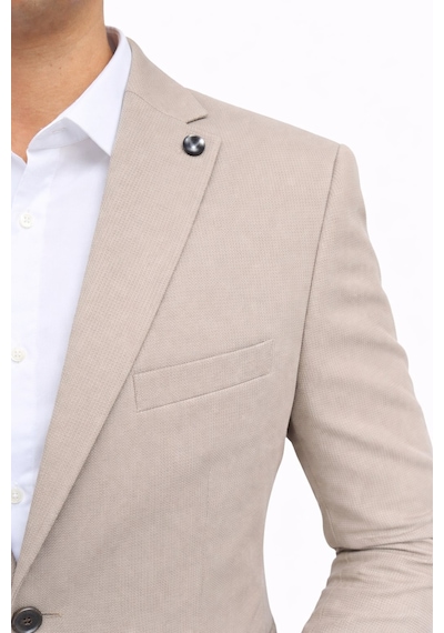 Plus Scorpion Ck 142 Slim Fit Mikro Desenli Erkek Ceket Yazlık Pike Kumaş Çift Yırtmaç Blazer Bej