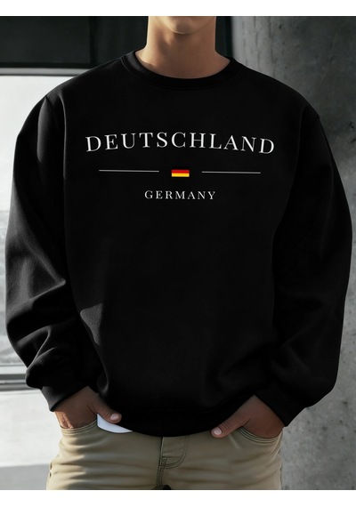 Startmore Tarzsokak Deutschland Almanya Bayrağı Baskılı Erkek Kazak Sonbahar 0-boyun Gevşek Açık Tee Moda Giysile Siyah