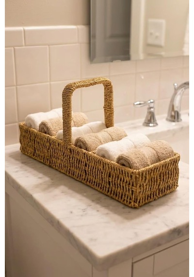 Buffer 3 Bölmeli Hasır Sepet Organizer Saplı, Mutfak Banyo Ofis Çok Amaçlı Düzenleyici, Plastik Rattan Kaşıklı Diğer