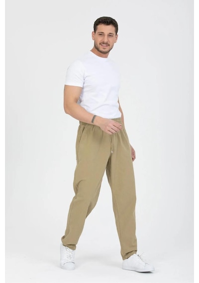 Baw Company Unisex Ince Yazlık Beli Lastikli Kordonlu Keten %100 Pamuklu Kumaş Pantolon Pijama Bej