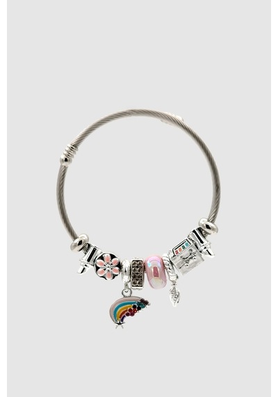 Gökkuşağı Ve Sanat Temalı Charm Detaylı Silver Pembe Bijuteri Kelepçe Bileklik
