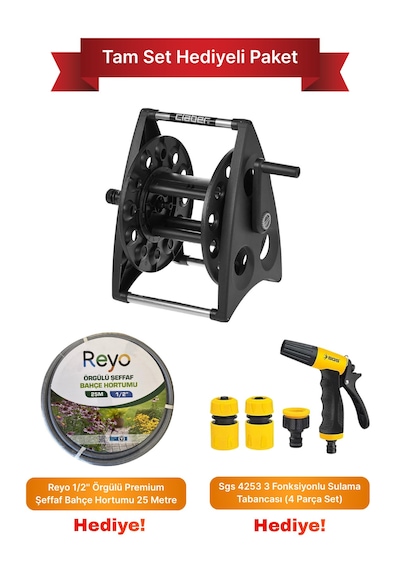 Claber 8921 40m Hortum Makarası + 25m Bahçe Hortumu + 3 Fonksiyonlu Sulama Tabancası, Tam Set