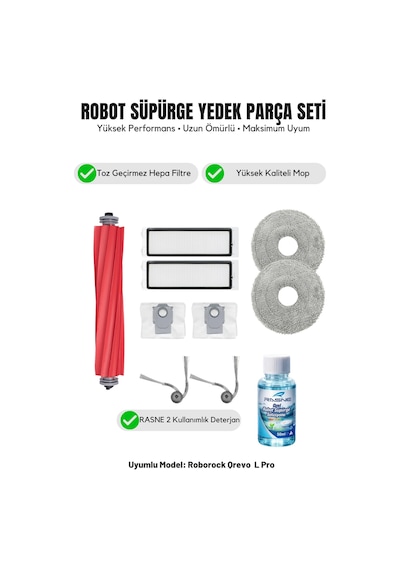 Roborock Qrevo L Pro İle Uyumlu 1 Ana Fırça 2 Yan Fırça 2 Filtre 2 Mop 1 Deterjan 2 Toz Torbası 7.0