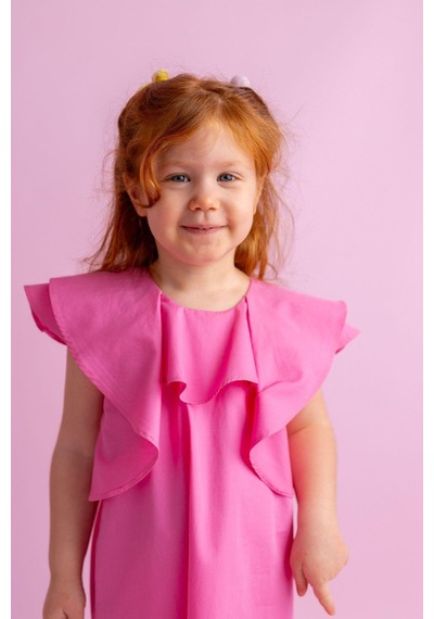 Oliventhekid Volanlı Poplin Kolsuz Ensesi Düğmeli Kız Çocuk Elbise Pembe Pembe