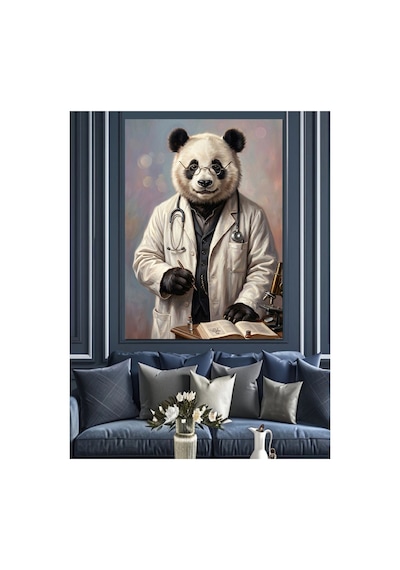 Doktor Önlüğü Giymiş Bilge Panda Yağlı Boya Dokulu Kanvas Tablo Canvas Tablosu