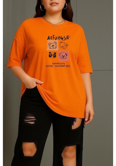 Büyük Beden Aef Ayıcık Baskılı Unisex Tişört Turuncu