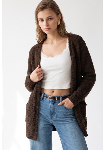 Mixray 7069 Kadın Buklet Dokulu Cepli Oversize Triko Hırka Kahve