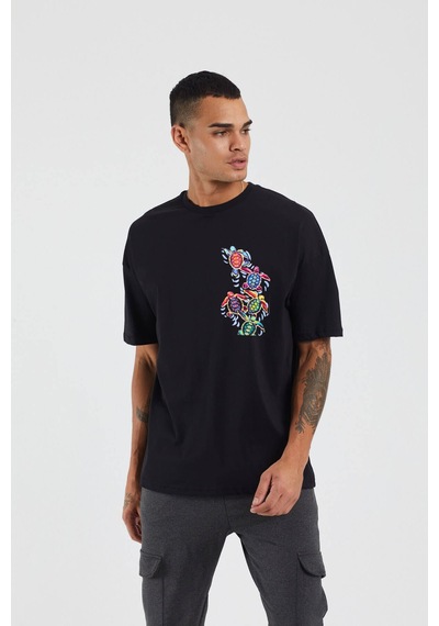 Thewert Unisex 5 Renkli Kaplumbağa Baskılı Siyah Oversize Tshirt