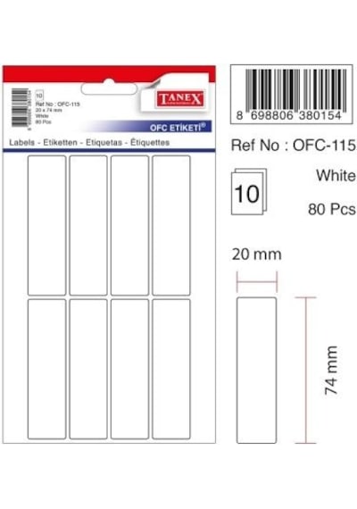 Tanex Ofis Etiketi Poşetli 20x74 MM Beyaz 10 Yap 80 Etiket