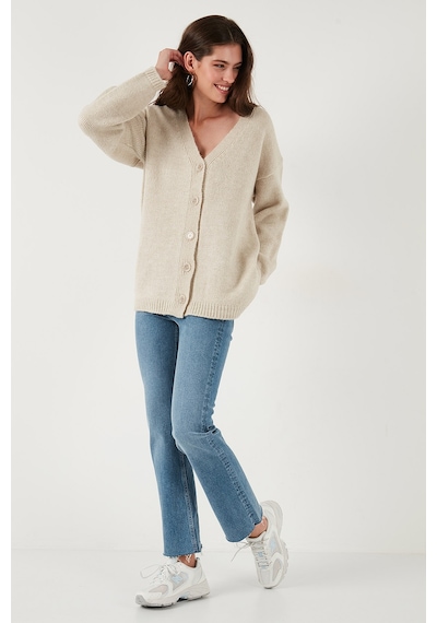 Lela Regular Fit V Yaka Düğmeli Triko Bayan Hırka 4616229 Taş