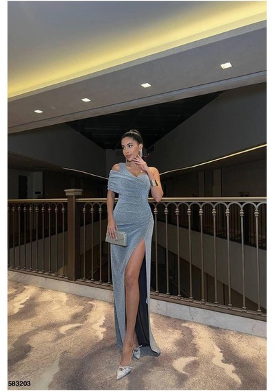 Lior Design Kadın Şık Model Tek Omuz Yırtmaçlı Abiye Elbise Gri