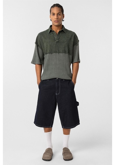 Vamos Yıkamalı Triko Oversize Polo Yaka Tişört V70-53 Haki