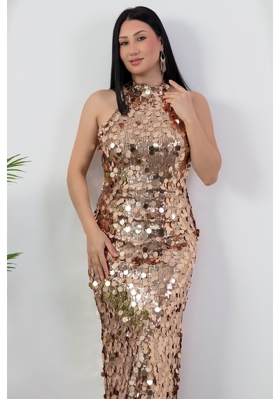 Kalopya Halter Yaka Büyük Pullu Elbise Abiye Ecr6094 Gold
