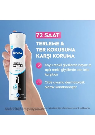 Kadın Sprey Deodorant Black&amp Amp White Invisible Pure 72 Saat Anti-perspirant Koruma, 150 Ml