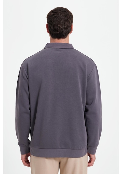 Tudors Erkek Relax Fit Rahat Kesim Pamuklu 3 İplik Fermuarlı Polo Yaka Koyu Gri Sweatshirt-41817 Koyu Gri