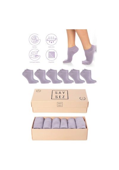 Saysez Bambu Kadın Patik Düz Lila Açık Mor Çorap Dikişsiz Premium Kutulu 6'lı Paket Renkli