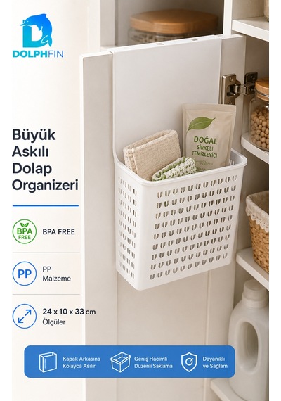 Büyük Askılı Dolap Organizeri 24x10x33 Cm Kapak Arkası Mutfak Banyo Düzenleyici Sepet Beyaz
