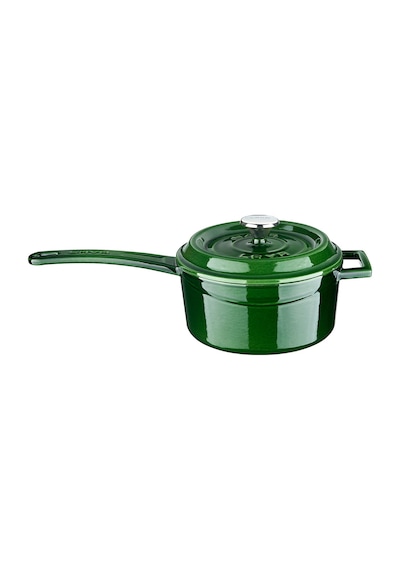 Lava Döküm Yuvarlak Sos Tenceresi Çap Ø 16cm. Döküm Demir Yekpare Saplı Premium Serisi - Majolica Yeşil Yeşil