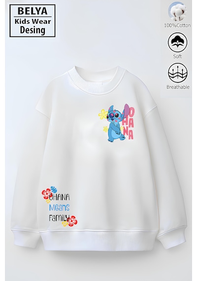 Tam Kalıp Oversize Kız Çocuk Pamuğa Pamuk 3 İplik Kumaş Karakter Stı1 Tasarım Sweatshirt Beyaz