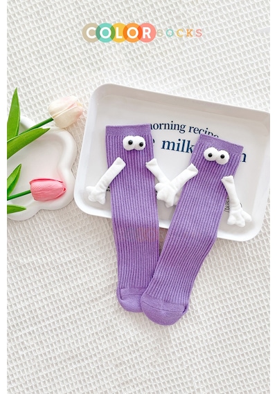 Color Socks Mor Çocuk Mıknatıslı El Ele Tutuşan Çoraplar Topuksuz Mor