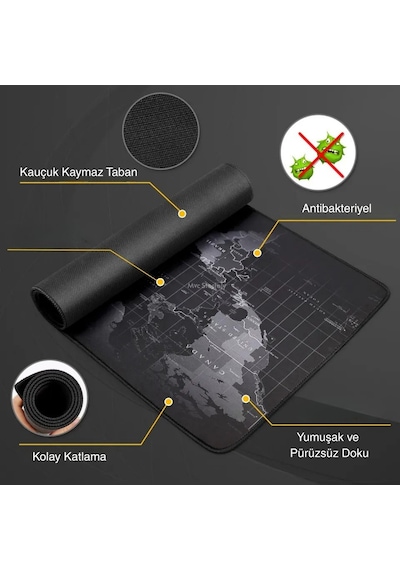 Mouse Pad Mouse Altlığı Büyük Mouse Pad 30x60 3mm Kaymaz Dünya Haritası Görselli
