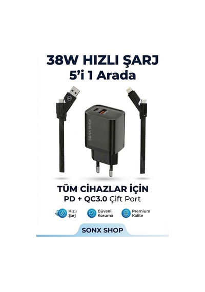 4 İn 1 Hızlı Şarj Seti 38w Çift Portlu Adaptör & Çok Başlıklı Örgü Kablo Lightning/type-c/usb