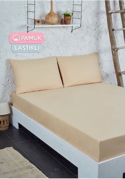 Çift Kişilik Ranforce Kumaş Lastikli Fitted Çarşaf Takımı Bej
