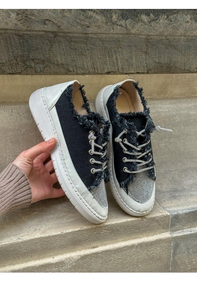 Erva'nın Butiği Siyah Keten Jule Taş Bağcıklı Kadın Sneakers-5784
