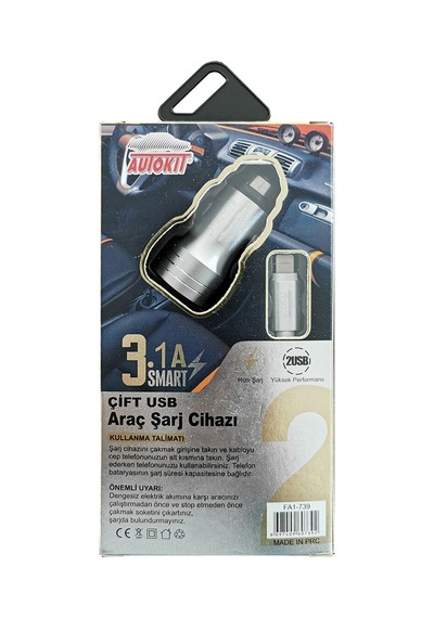 3 Adet Autokit Metal Araç Şarjı 3.1 Amper 2 Usb Girişi Iphone