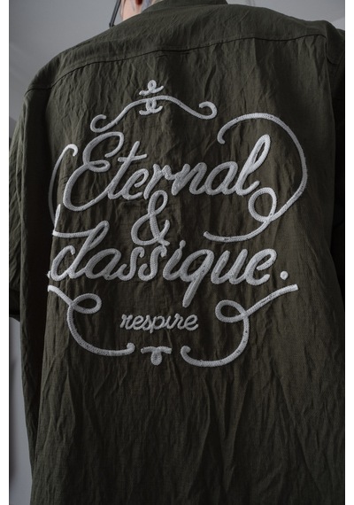 Respire Erkek Eternal Nakışlı Uzun Kollu Keten Oversize Gömlek Haki